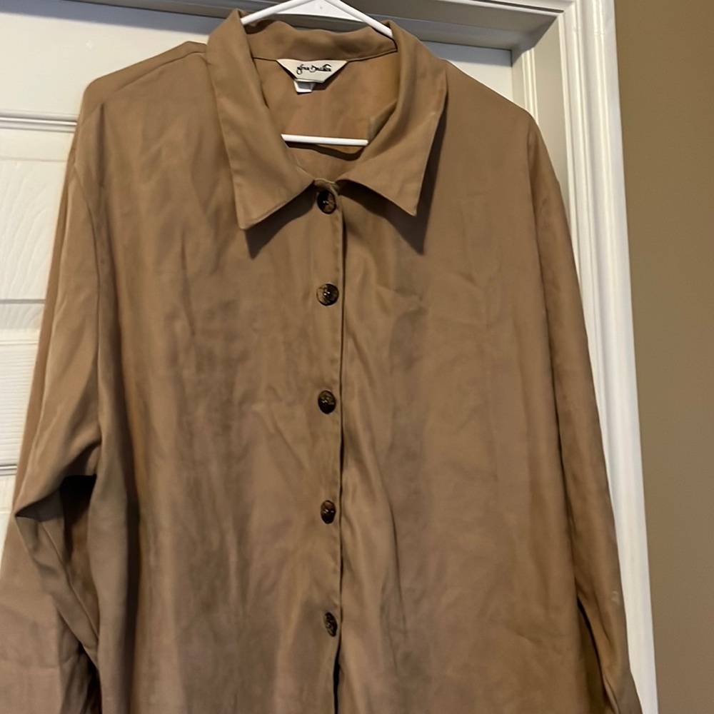 Tan women’s dress shirt.  Rayon blend.  24 - runs a little big.
